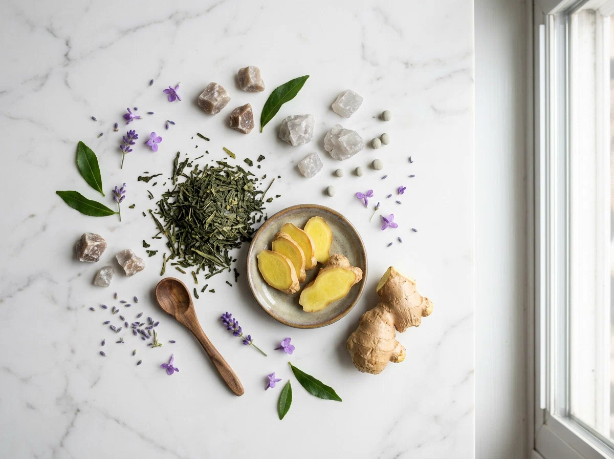 Natuurlijke ingrediënten: gember, groene thee en mineralen op marmer